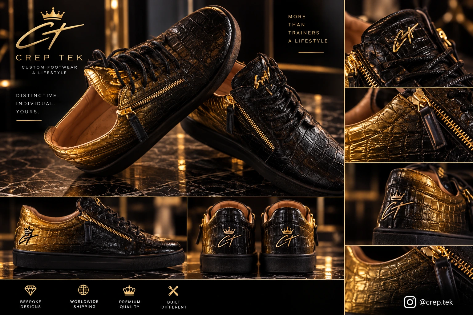 CT Black Label black and gold custom trainers with close-up views of the signature, gold heel and zip details