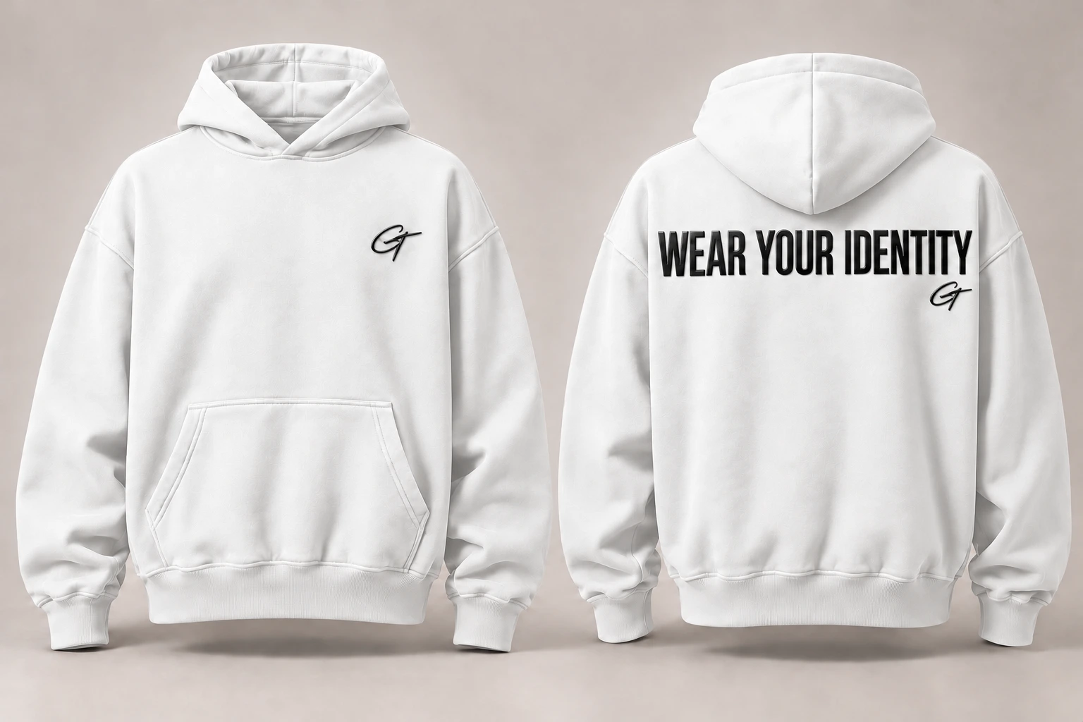 CT Identity Range oversized white hoodie, front and back, with gloss black CT signatures and Wear Your Identity lettering