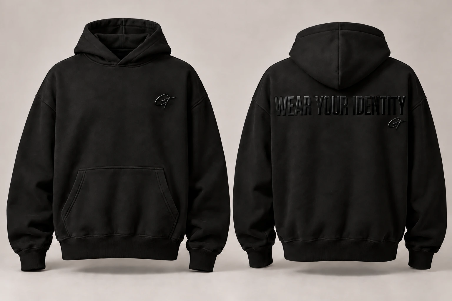 CT Identity Range oversized black hoodie, front and back, with gloss black CT signatures and Wear Your Identity lettering