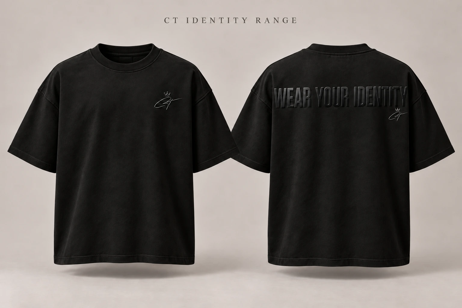 CT Identity Range oversized black T-shirt, front and back, with gloss black CT signatures and Wear Your Identity lettering