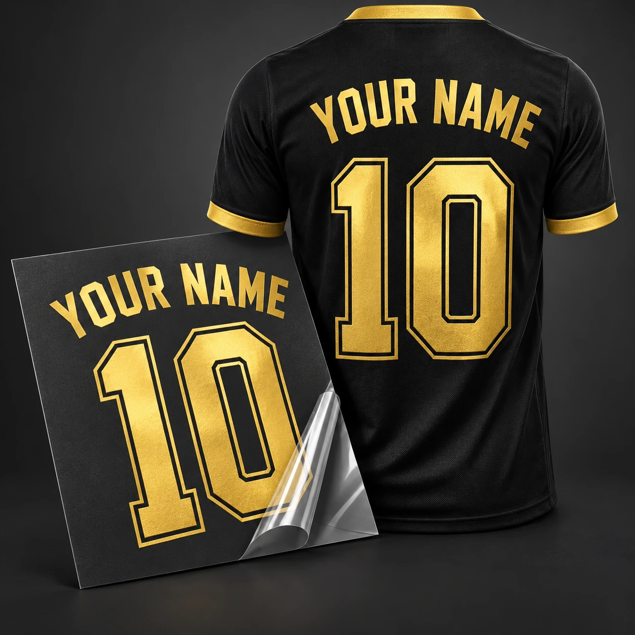 Black custom football jersey with gold Your Name lettering and number 10